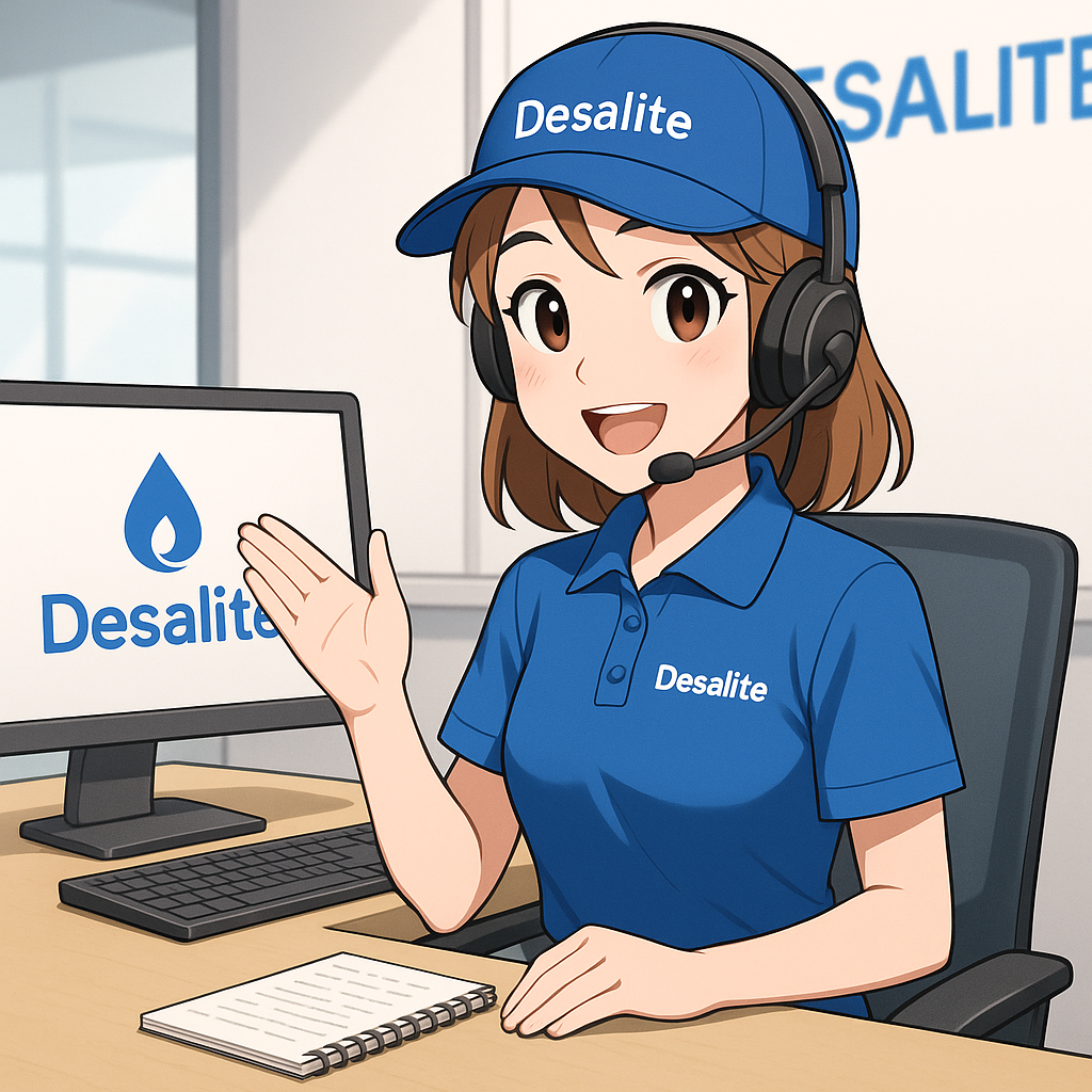 layanan servis dan komplain - Instalasi pabrik AMDK oleh Desalite, Mesin pengisian air minum botol otomatis, Desain layout pabrik air minum kemasan, Pabrik air minum kemasan standar Permenkes